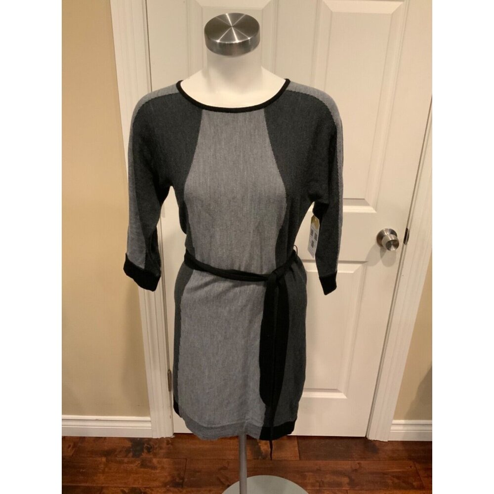 Trina Turk Gray & Black Knit Short Sleeve Belted Mini Dress, Size S